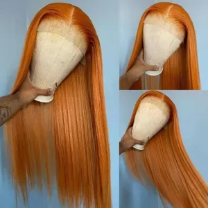 Long Bone Straight Human Hair Wigs - 13x4 HD Lace Front Glueless Wigs for Women - Natural Hairline Ginger Orange Cosplay