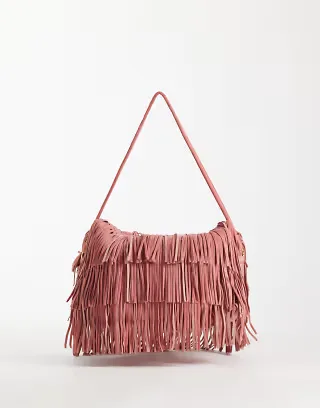 ASOS DESIGN suede fringe clutch bag with detachable shoulder strap in dusty pink