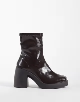 ASOS DESIGN Edison square toe chunky heeled sock boots in chocolate patent
