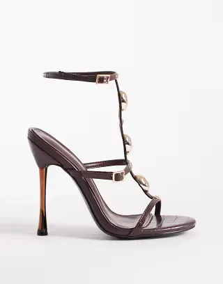 Public Desire Wide Fit high heeled sandals with faux-stone embellishments in brown