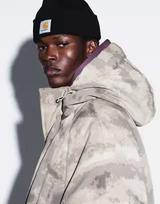 ASOS DESIGN Peakmax hooded puffer in camo in light green