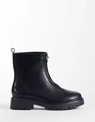 London Rebel Wide Fit Carolina chunky zip front ankle boots in black