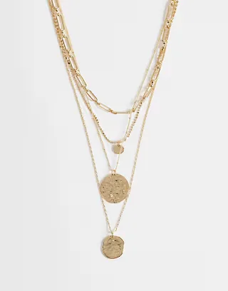 ASOS DESIGN multirow necklace with mixed chain detailing and molten round pendant in gold tone