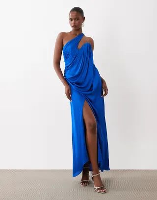 ASOS DESIGN draped one shoulder satin maxi dress in cobalt blue