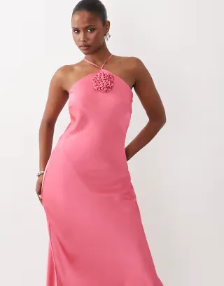 YAS halter neck rosette detail satin maxi dress in pink