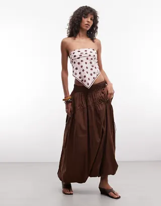 ASOS DESIGN adjustable drawstring pocket detail volume midi skirt in brown