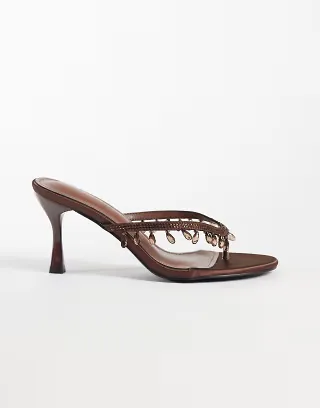 Simmi London Wide Fit heeled toe post sandals in brown embellished