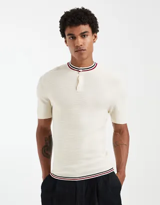 ASOS DESIGN muscle fit knitted henley with tiping in ecru