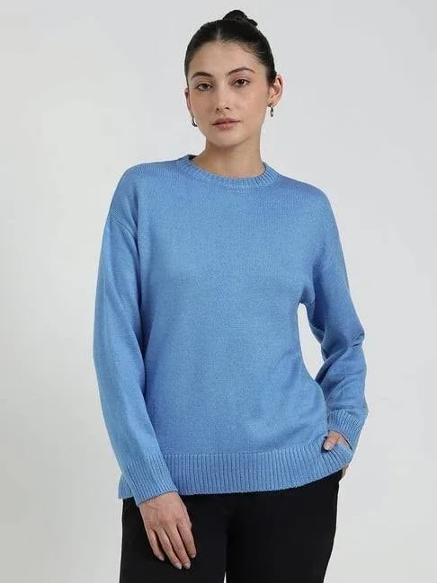 Fablestreet Blue Acrylic Solid Sweater
