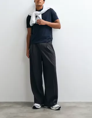 Weekday wide leg tailored pants in dark gray pinstripe