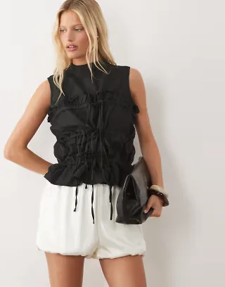 Ghospell Amina high neck sleeveless drawstring top in black