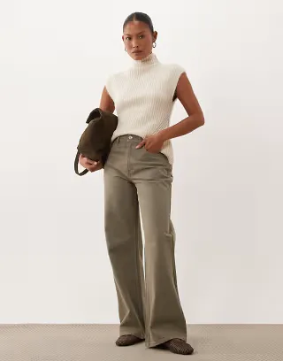 ASOS DESIGN Petite straight wide leg jeans in khaki