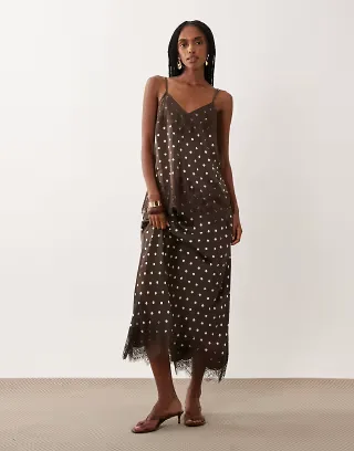 VILA lace trim satin midaxi skirt in cream and chocolate polka dots - part of a set