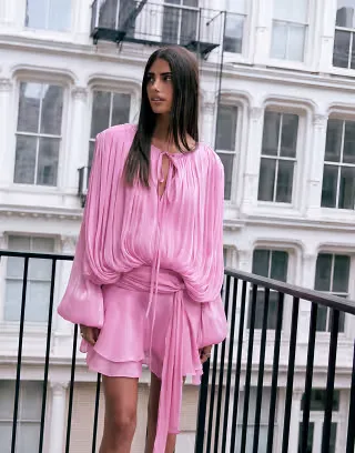 Lioness exclusive Elements high sheen chiffon drape detail balloon sleeve tie waist mini dress in dusky pink