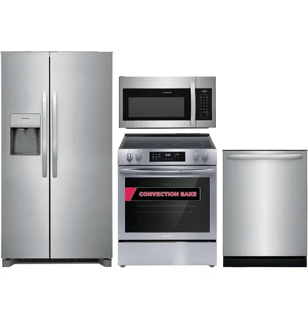 Frigidaire 4-Piece Kitchen Package with 25.6 Cu. Ft. Side-By-Side Refrigerator and 24" Dishwasher with MaxDry in Stainle
