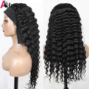 Deep Wave Headband Scarf Wig For Women Brazilian Remy Human Hair Wigs None Lace Full Machine Made Curly Wig 12-26 Inch C
