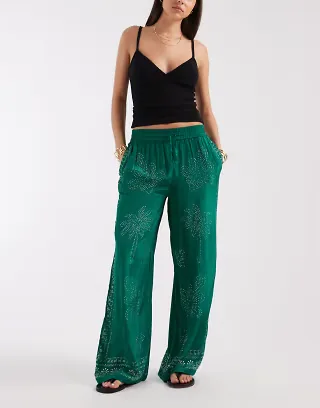 River Island iron on rhinestone wide leg pants in green