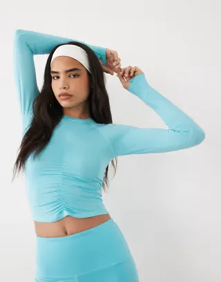 4505 lightweight active ruched front long sleeve running top in aqua