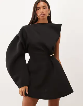 ASOS DESIGN gold-tone hardware structured mini dress with one shoulder in black scuba-style fabric
