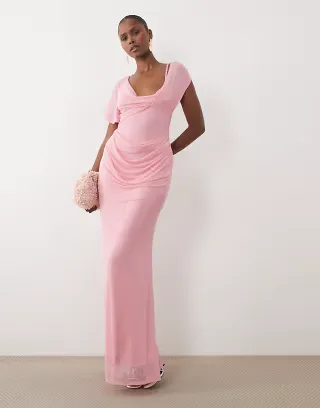 ASOS DESIGN mesh draped asymmetric sleeve maxi dress in pink