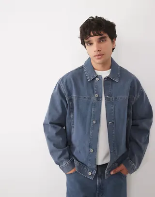 ASOS DESIGN oversized harrington denim jacket in mid wash blue