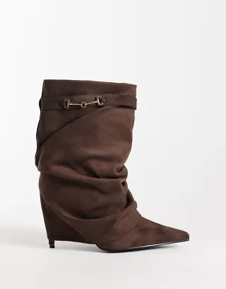 Simmi London Sansa fold over ruched heeled boots with horsebit detail in brown suedette