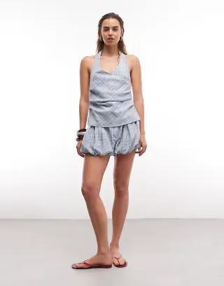 ASOS DESIGN bubble hem shorts in blue plaid - part of a set