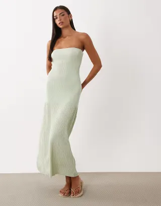 4th & Reckless knit strapless dropped waist pleated hem midaxi dress in sage