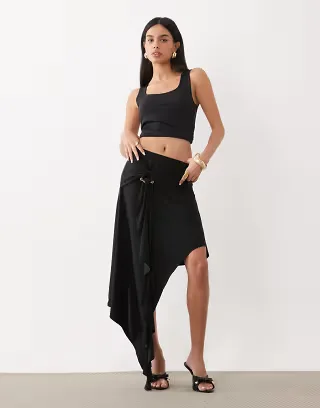 ASOS DESIGN awkward crop hanky hem skirt with hardware in black - part of a set