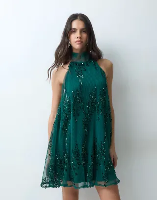 TFNC pleated sequin halter neck mini dress in emerald green