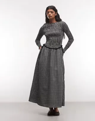 Daisy Street shirred drop waist maxi dress in black white check