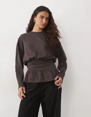 ASOS DESIGN flare long sleeve nipped waist t-shirt in brown