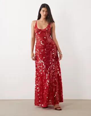 ASOS DESIGN disc scatter sequin scoop neck maxi dress in wine