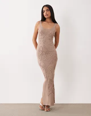 Wanderdoll Sunnie knit abstract detail tie back maxi dress in light brown