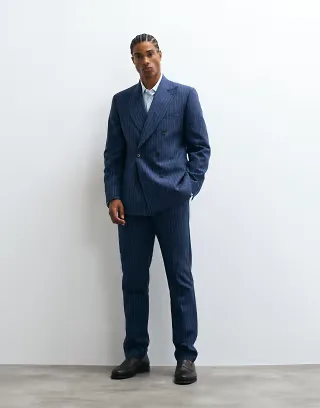 ASOS DESIGN slim suit with linen in navy pinstripe