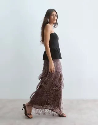 ARRANGE beaded fringe column midi skirt in chocolate