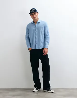 BLEND cotton-linen regular fit long sleeve shirt in light blue