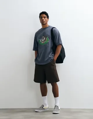 ASOS DESIGN oversized T-shirt with embroidered applique and scenic graphic in charcoal