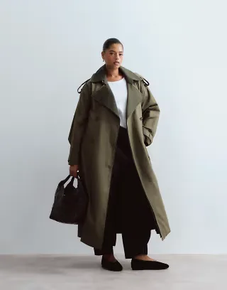 ARRANGE Curve two tone lapel double breasted trench coat in khaki