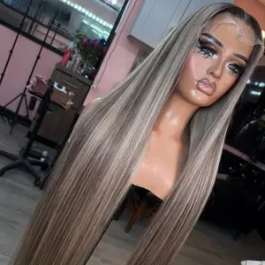 Highlights Gray Ash Blonde Straight Remy Human Hair Wig for Women - Transparent Lace 13x6 Pre-Plucked Frontal Wig, 180%