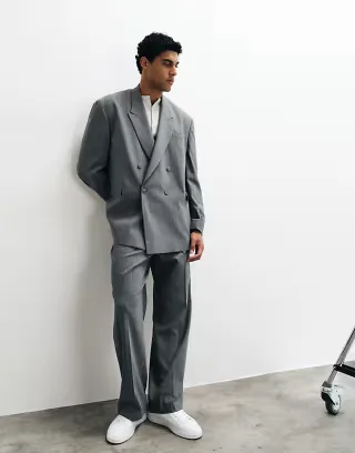 ASOS DESIGN wide suit pants with elastic waist in herringbone charcoal striped print