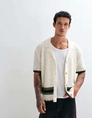 Reclaimed Vintage crochet knit shirt in ecru with olive tipping