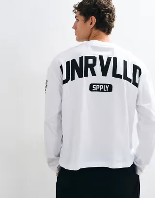 ASOS DESIGN oversized long sleeve top with varsity number print in white