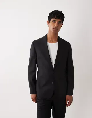 ASOS DESIGN premium slim suit jacket in black wool and linen