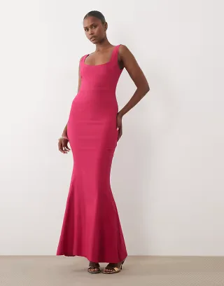 Vesper bengaline square neck fishtail maxi dress in fuschia