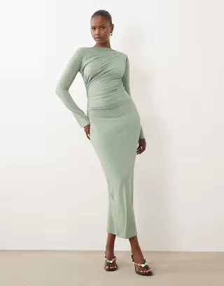 ASOS DESIGN asymmetric drape slash neck maxi dress in sage green
