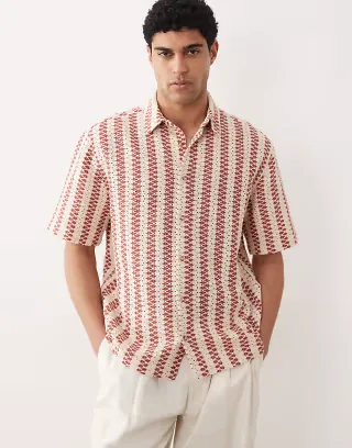 ASOS DESIGN relaxed crochet striped shirt in red and natural