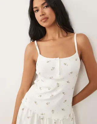 ASOS DESIGN mix & match pointelle pajama cami top in pink rosebud print