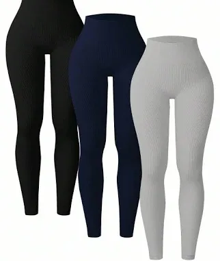 SHEIN Multicolor 3 Packs Ribbed Seamless Leggings Women's High Waisted Gym Tummy Control No See-Through Yoga Pants Worko