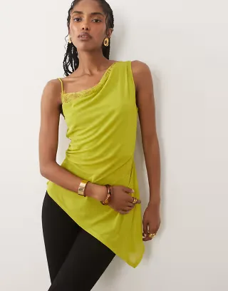 ASOS DESIGN mesh asymmetric longline cami top with lace trim in green
